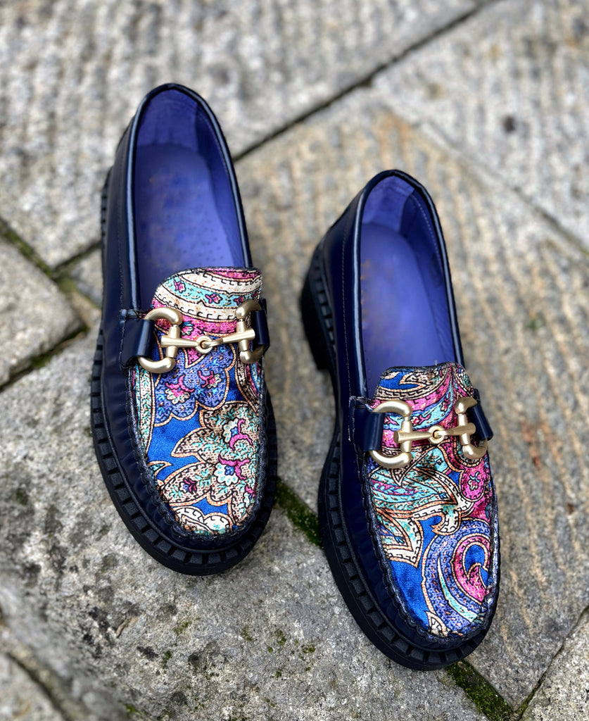 Mocassino in pelle damascato blu