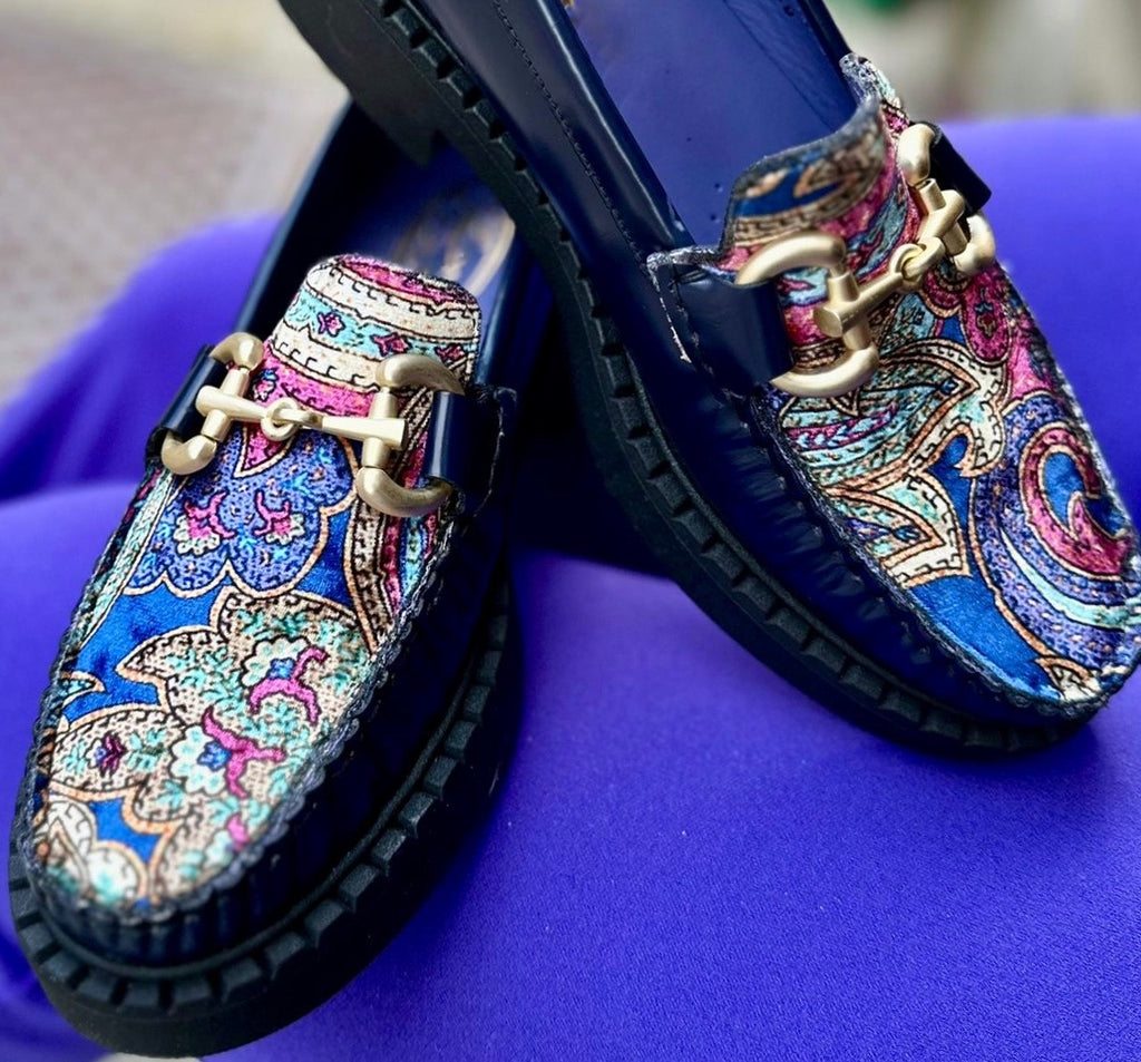 Mocassino in pelle damascato blu