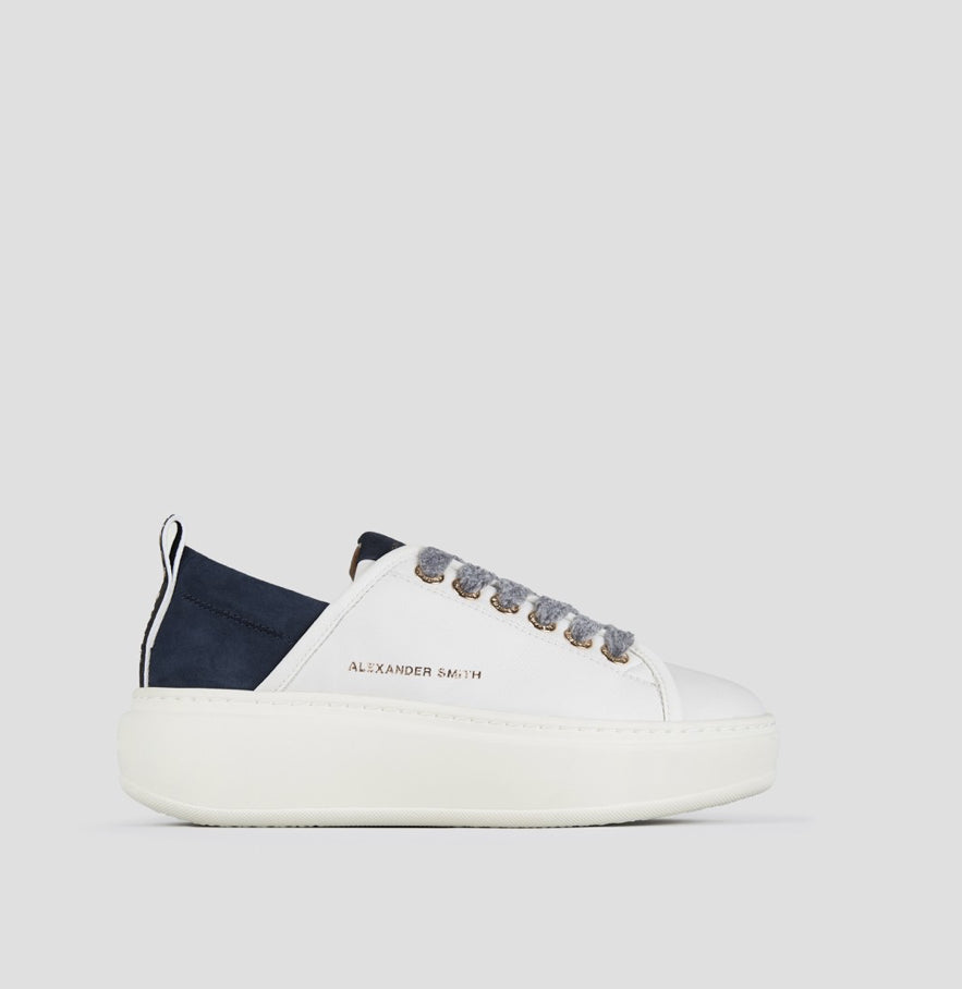 Wembley Alta Donna In Pelle Bianca E Tallone In Suede Blu
- Alexander Smith